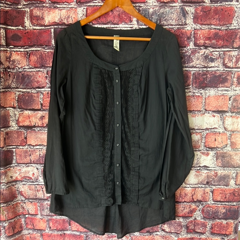 Free People Black Gauzy Buttoned Blouse